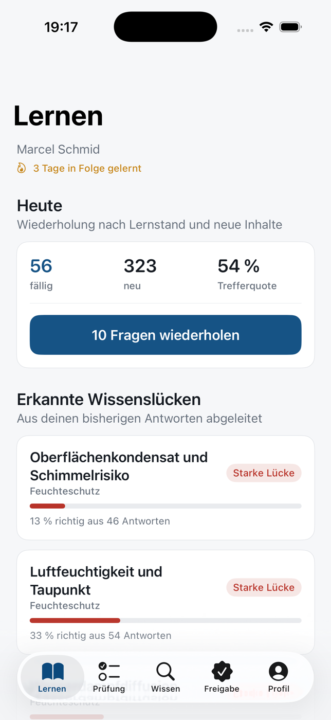 Lernbildschirm mit fälligen Fragen und erkannten Wissenslücken